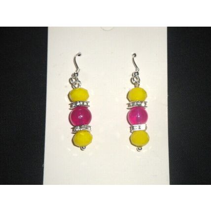 Unusual vibrant magenta & yellow glass earrings adult 925 silver ear hook