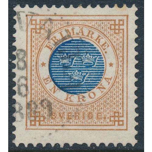 Sweden Facit 49a/Scott 49, 1Kr orange-brown/blue Ringtyp posthorn, F+ used stamp