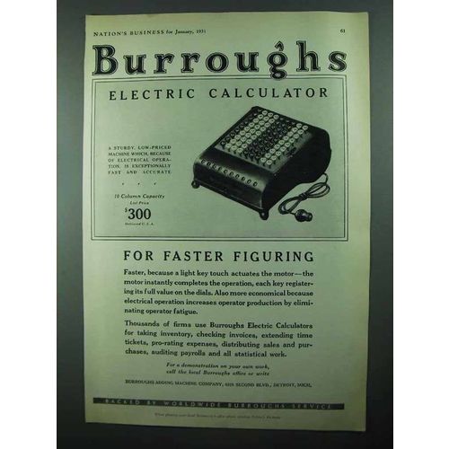1931 Burroughs Electric Calculator Ad - Faster Figuring