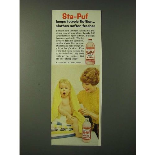 1960 Sta-Puf Rinse Ad - Sta-Puf keeps towels fluffierÉ clothes softer, fresher