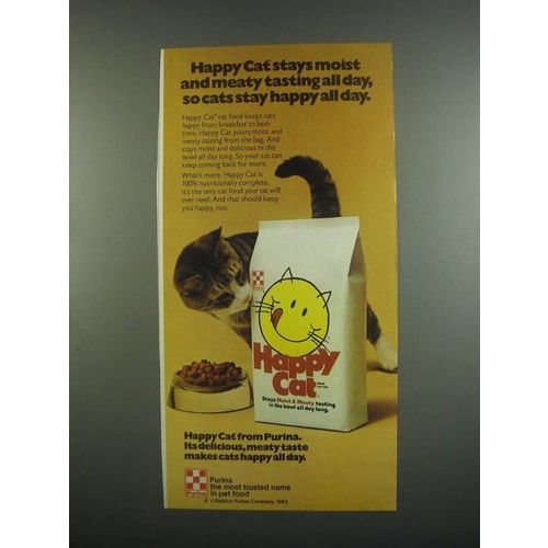 1984 Purina Happy Cat Food Ad - Stays Moist and Meaty