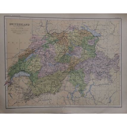 Map Switzerland 1886 from W & A K Johnston Edinburgh atlas in colour 35 x 27 cm