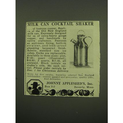 1949 Johnny Appleseed's Milk Can Cocktail shaker Advertisement