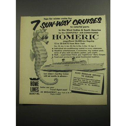 1956 Home Lines Cruise Ad - Tops for winter cruise fun 7 sun-way cruises