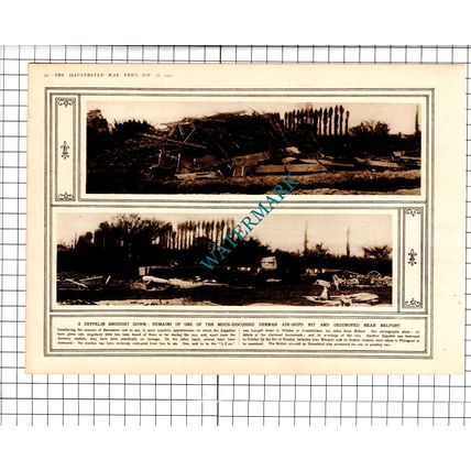 Zeppelin German Airship Destroyed Belfort World War One - 1914 Cutting / Print