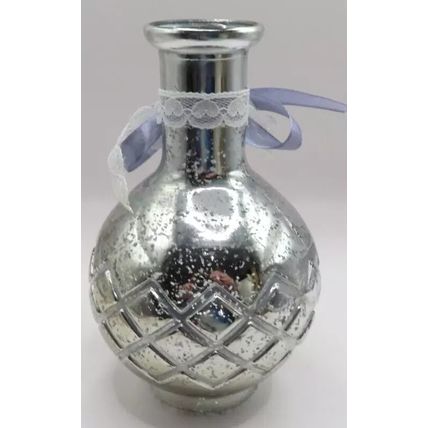 Bud Vase Shabby Chic Antique Silver Colour Grey Bow & Key Charms Glass 15.5 CM