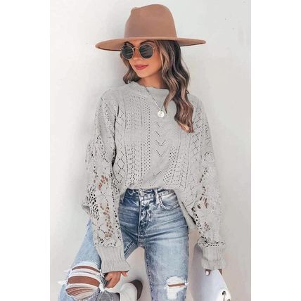 Gray Crochet Lace Pointelle Knit Sweater