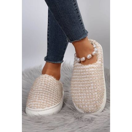 Pale Khaki Two-tone Knitted Warm Homewear Slippers