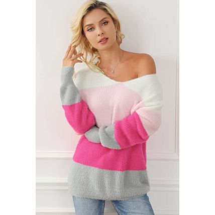 Striped Color Block Fuzzy V Neck Sweater