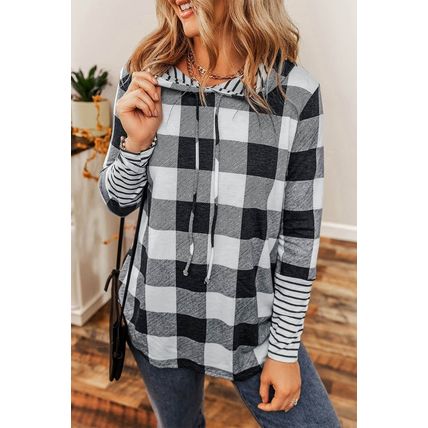 Multicolour Plaid Striped Patchwork Drawstring Hoodie