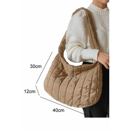 Light French Beige Quilted Zipper Large Shoulder Bag