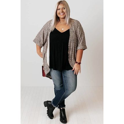 Khaki Plus Size Leopard Print Half Sleeve Open Front Cardigan