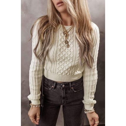 White Cable Knit Cropped Sweater