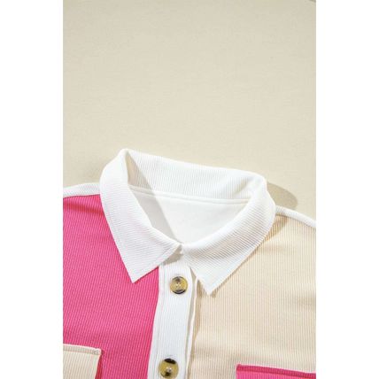 Rose Red Colorblock Ribbed Collared Oversized Sweatshirt