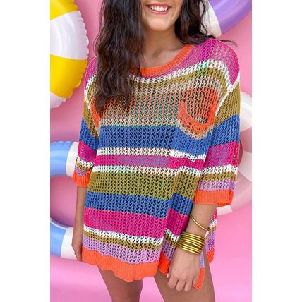 Orange Stripe Colorblock Hollowed Crochet 3/4 Sleeve Sweater