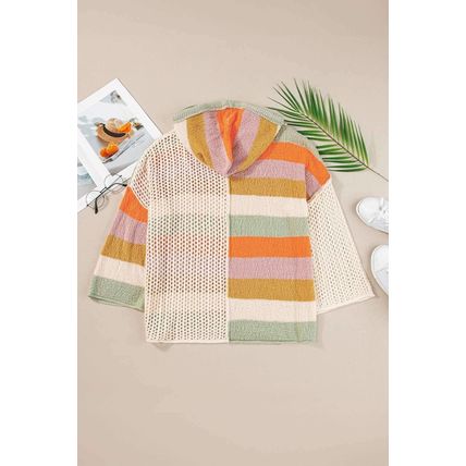 Beige Oversized Colorblock V Neck Hooded Sweater
