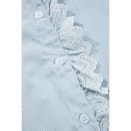 Sky Blue Stripe Frilled Trim Button Up Long Sleeve Shirt