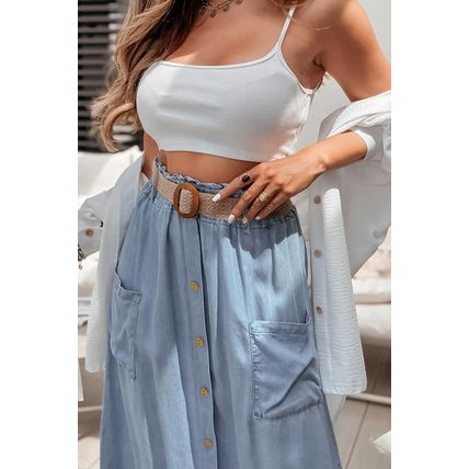 Beau Blue Buttoned Front High Waist Side Pockets Denim Maxi Skirt