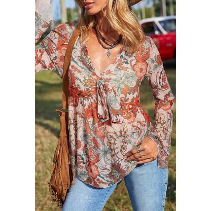 Orange Floral Print Deep V Neck Knot Bell Sleeve Blouse