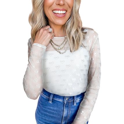 White Mesh Bow Pattern Long Sleeve Top