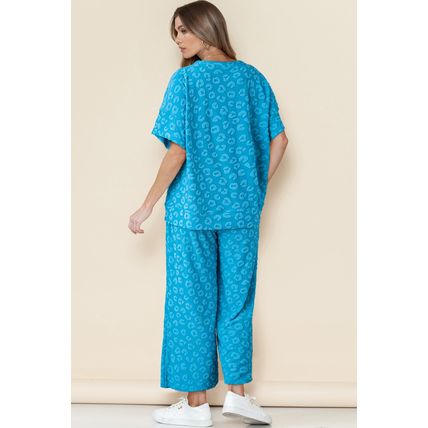Blue Leopard Jacquard Short Sleeve Top and Wide Leg Pants Set