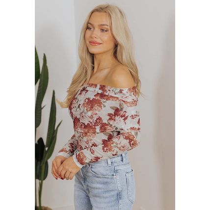 Pink Floral Printed Long Sleeve Sheath Bodysuit