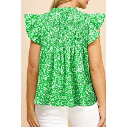 Green Floral Flutter Sleeve Shirred Notched Neck Plus Size Blouse