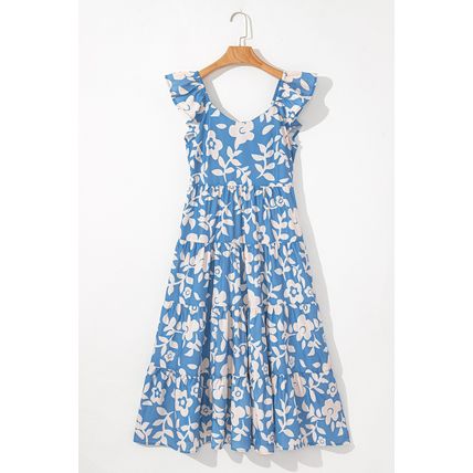 Sky Blue Floral U Neck Flutter Shoulder Tiered Flowy Midi Dress