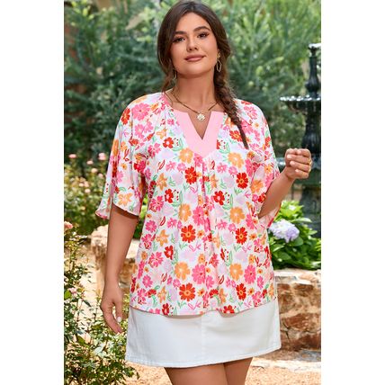 White Floral Split V Neck Wide Short Sleeve Plus Size Blouse Top