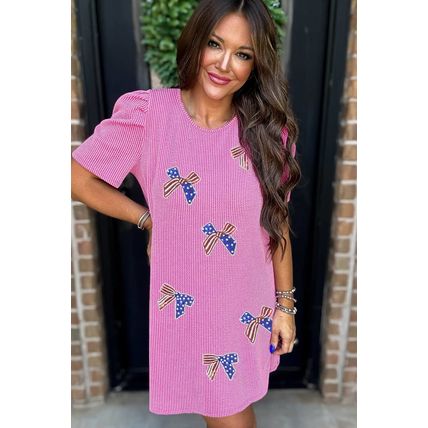 Bright Pink Flag Pattern Inspired Sequin Bow Spiral Ribbed Puff Sleeve T Shirt D