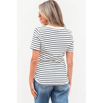 White Stripe Textured Short Sleeve Buttoned Henley Top