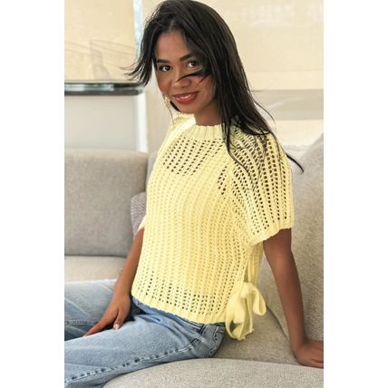 Yellow Cream Hollow-out Crochet Side Tied Short Sleeve Sweater