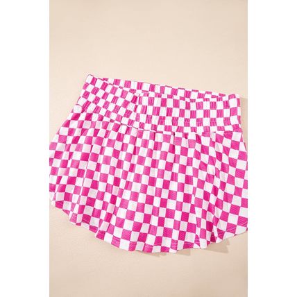 Pink Checkerboard T Shirt and High Waist Skorts 2 Piece Outfit