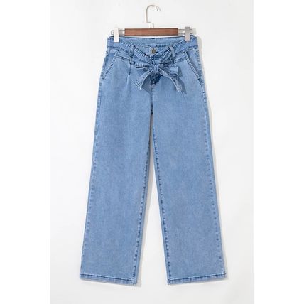 Beau Blue Western Washed Bow Knot Sash Wide Leg Jeans