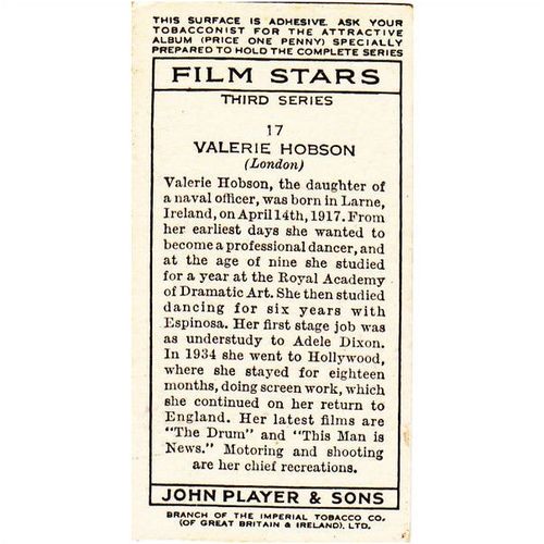 Players Film Stars 3rd Series Card No. 17 Valerie Hobson Cigarette Card