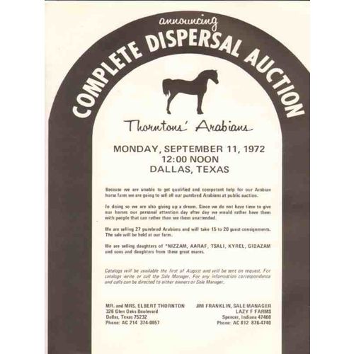 thorntons arabians 1972 complete dispersal auction horses vintage ad