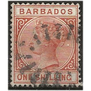 Barbados 1886 SG101 1/- Chestnut Wmk Crown CA Good/Fine Used . ..