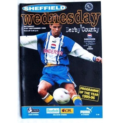 1996 programme Sheffield Wednesday v. Derby County, Ian Nolan poster