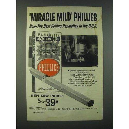 1959 Miracle Mild Phillies Panatellas Cigars Ad