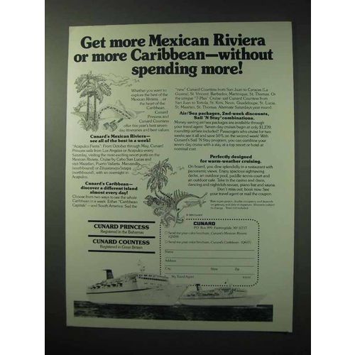 1984 Cunard Cruises Ad - Mexican Riviera, Caribbean