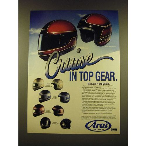 1990 Arai F-1 and Classic Motorcycle Helmets Ad - Cruise in top gear