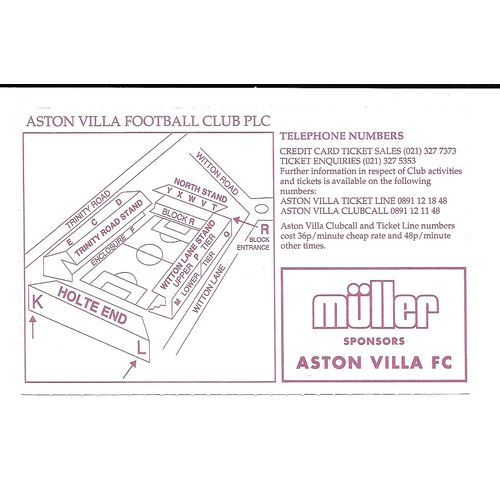 Aston Villa v Arsenal 1994/1995 Premier League Football Ticket