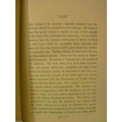 ANNALS OF MY EARLY LIFE by CHARLES WORDSWORTH TWO 2 VOLUME SET 1891 & 1893