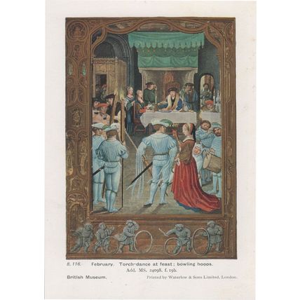 February Bowling Hoops Torch Dance Old Middle Ages PB Calendar Postcard