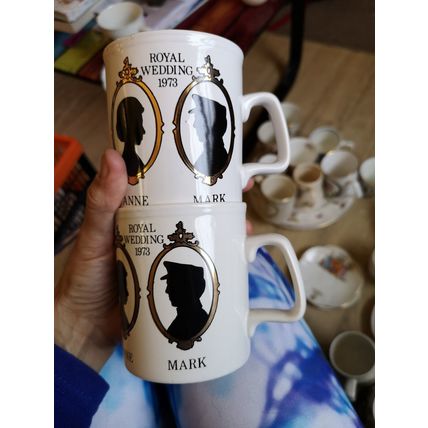 Pair of princess Anne Royal wedding mugs Staffordshire ironstone