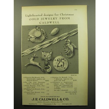 1960 J.E. Caldwell Jewelry Ad - Lighthearted designs for Christmas Gold Jewelry