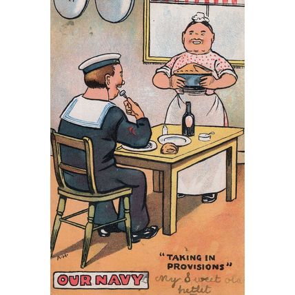 Our Navy Taking In Provisions Giant Pastry Pie Cookery Comic Old Postcard
