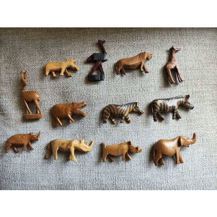 12 x Vintage, Hand Carved, Wooden African Animal Models/Toys - Elephant, Giraffe