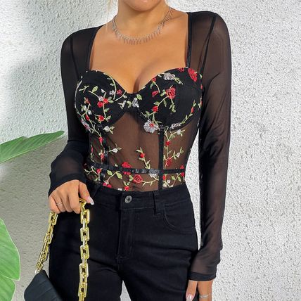 New mesh floral embroidery versatile waist-cinching long sleeve sexy jumpsuit