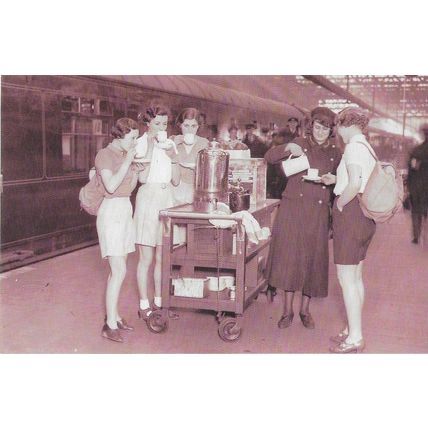 Postcard Railway Platform Refreshment Trolley LMS Euston Hiking Girls 1935